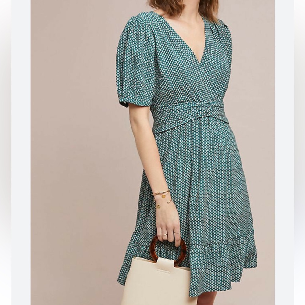 Anthropologie Teal and White Polka Dot V‑Neck Mini Dress
